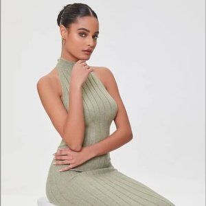Sage Sweater-Knit Ribbed Halter Midi Dress Forever 21
